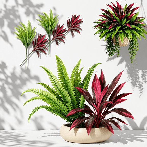 Fade UV-Resistant Lifelike Artificial Fern & Red Dracaena Decorative Plant.Faux Full Lush Plant Ferns and Dracaena Together with Dense Vibrant Foliage for Porch, Balcony, Indoor Outdoor