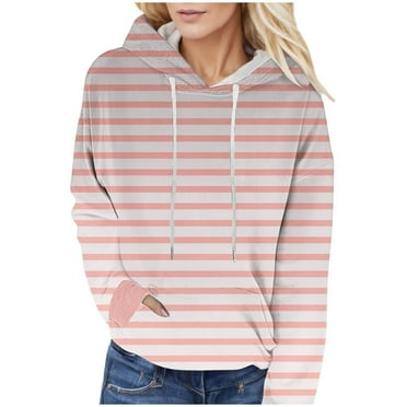 Fadeal Plain Hoodie Clearance Women's Fashion Casual Striped Round Neck Hooded Sweatshirt with Pockets And Drawstrings Pink L