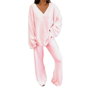 Fadeal Softies Loungewear Women's Fuzzy Sets 2 Piece Outfits Long Sleeve Top Wide Leg Pants Pajama Sets Fuzzy Pjs for Women Set Pink L