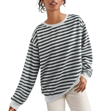 Fadeal Striped Sweatshirt Women Casual Wide Crew Neck Loose Stripe Printing Sweatshirt Casual Pullover Top Crewneck Sweatshirts Women Black L