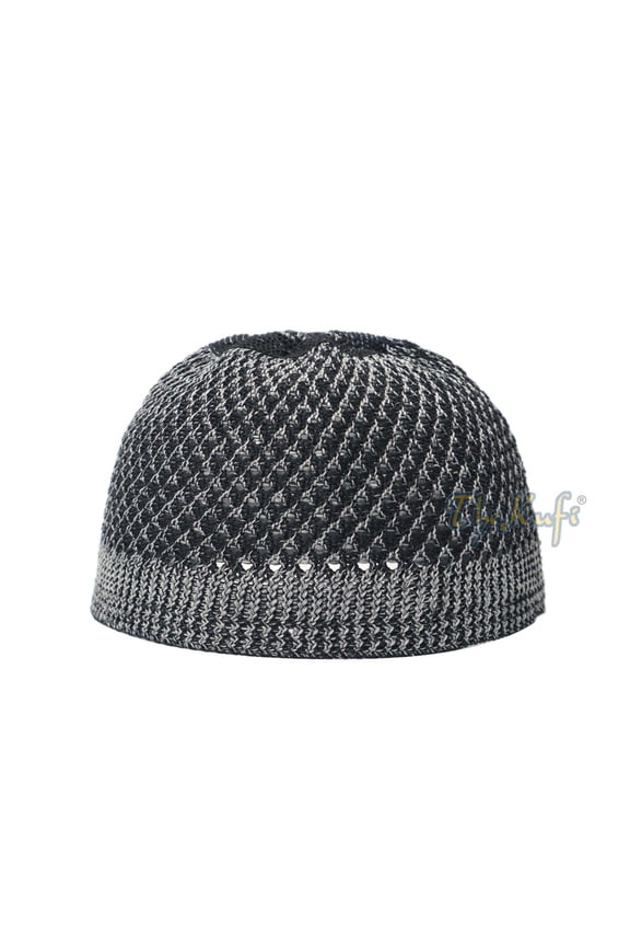 Faded Dark Gray Black Open-Weave Nylon Stretchy Kufi Hat Skull Cap Beanie