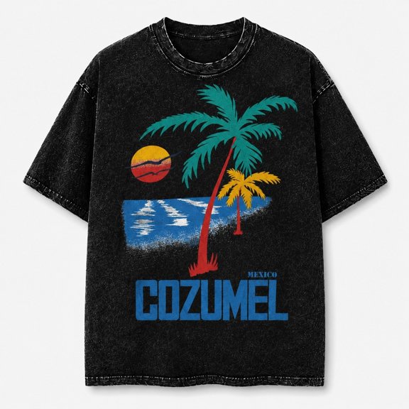 Faded Era Cozumel Tropical Sunset Palm Tree Mineral Washed Graphic T-Shirt