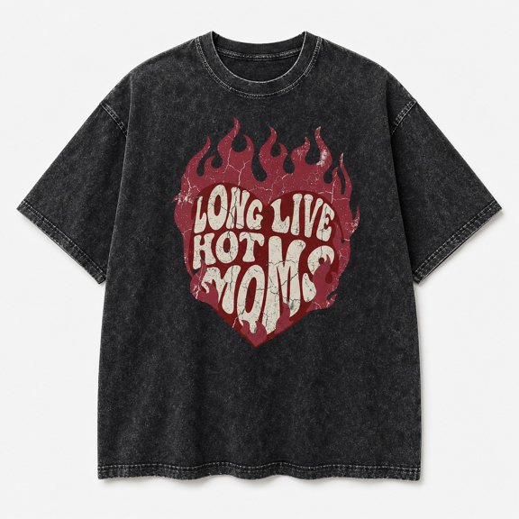 Faded Era Long Live Hot Moms flame heart Graphic T-Shirt 5.3 oz pre-shrunk 100% heavyweight cotton 180 GSM Mineral wash, unisex classic fit Casual wear Front print