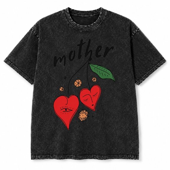 Faded Era Mother Cherry Heart Mineral Washed T-Shirt colortone 1300, Unisex Classic Fit