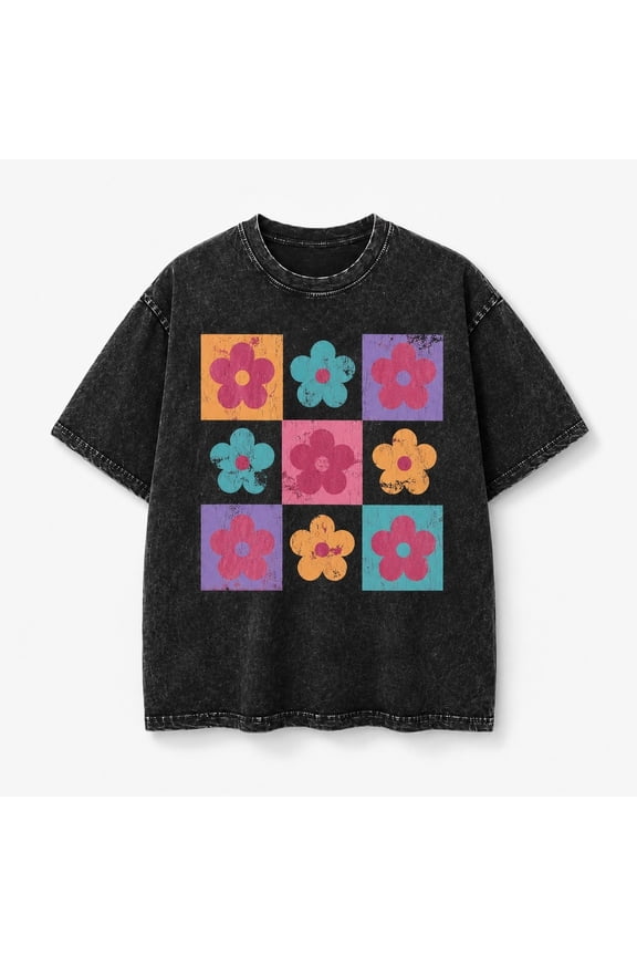 Retro Flower Grid Mineral Washed Graphic T-Shirt, Unisex Classic Fit, 180 GSM Cotton