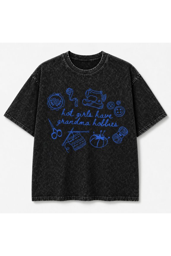Retro sewing and knitting graphic T-Shirt 5.3 oz pre-shrunk 100% heavyweight cotton 180 GSM Mineral-wash, unisex classic fit Casual craft-themed wear Front