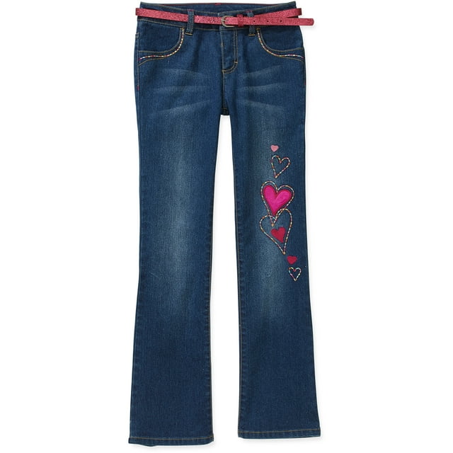 Faded Glory Girls' Embellished Belted Bootcut Denim Jeans