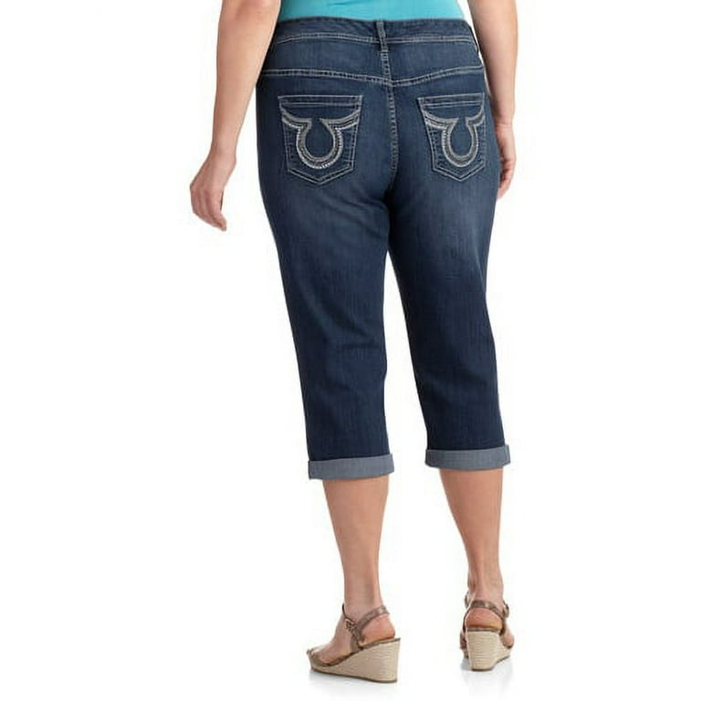Faded Glory Women's Plus-Size Embellished Denim Capris with Bling Back  Pockets