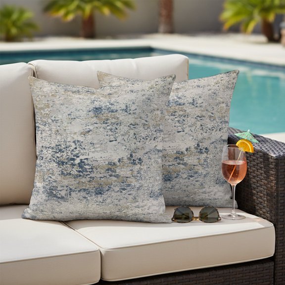 Faded Indigo Patches Outdoor Waterproof Throw Pillow Covers Set of 2, 26"x26", Vintage Indigo Beige Boho Coastal Shabby Chic Decorative Pillow Covers Outside Cushion Case for Patio Porch Garden