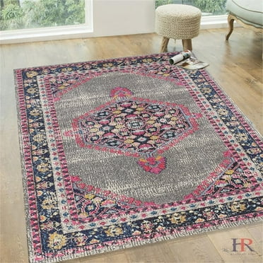 Faded Oriental Distressed Modern Vintage Design Persian Area Rug Gary/Cherry/Navy Blue/Yellow