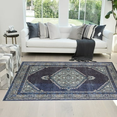 Faded Oriental Distressed Modern Vintage Design Persian Area Rug Navy Blue/Aqua Blue/Multicolor