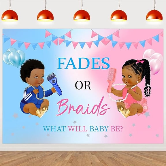Fades or Braids Gender Reveal Decorations - Pink and Blue Fades or Braids Gender Reveal Backdrop, Boy or Girl Baby Shower Photography Background 5 x 7ft