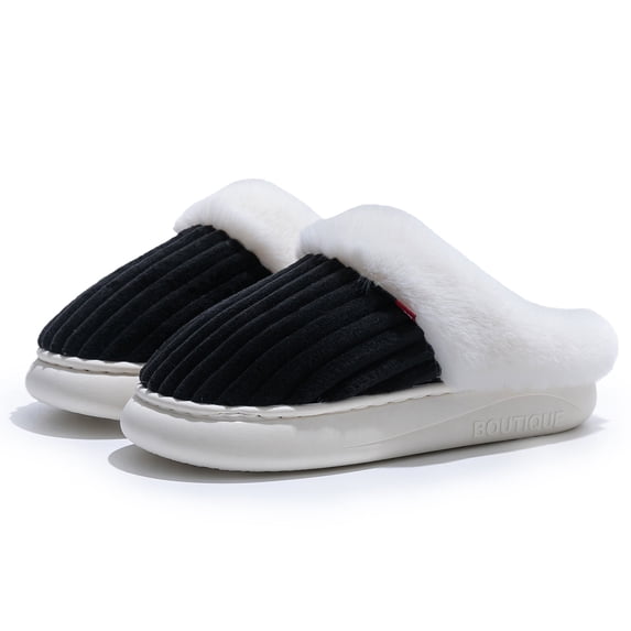 Fadezar Women's Fuzzy Slippers with Memory Foam, Faux Fur Lined Open-Back House Slippers, Black
