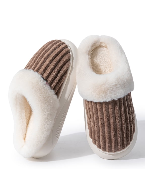 Womens Mens Fuzzy Slippers Faux Fur Warm House Shoes Memory Foam Open Back Slide Slippers