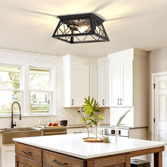 FadimiKoo 2-Light Black Flush Mount Ceiling Light Fixture, Industrial Hallway Light Fixtures Ceiling Mount for Farmhouse Kitchen, Square Cage Ceiling Lamp for Dining Room, Living Room, Entryway