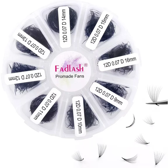Fadlash 1000 Fans Mixed Volume D Curl Fans, Spiked Fine Base False Eyelashes, 12D-0.07D, 9-16 mm