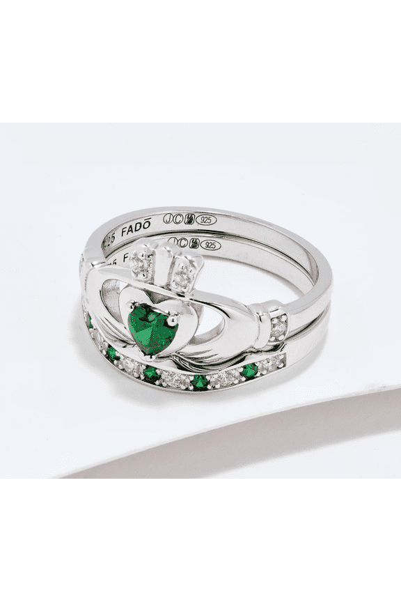 Sterling Silver Green Claddagh Ring and Matching Band Size 7