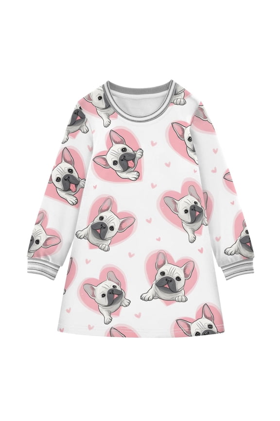 Fadou Love Pattern Girls'long-sleeved dress Thickened A-dress Warm Dress Basic Shirt Party Dresses