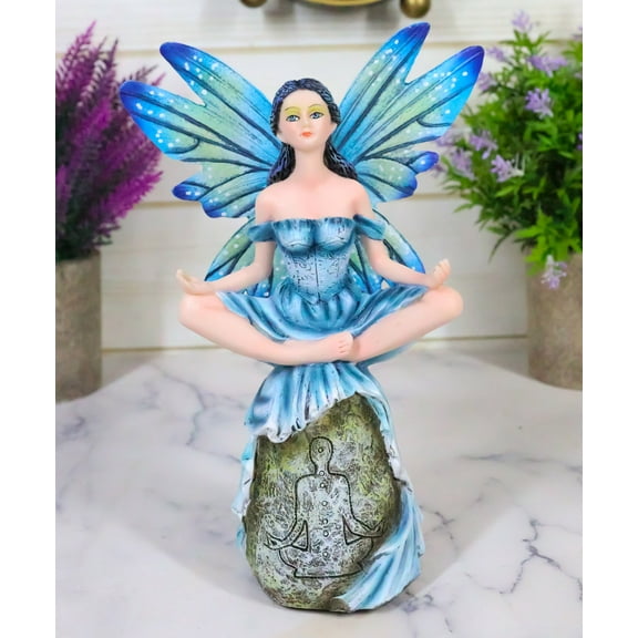 Fae Garden Zen Blue Dragonfly Fairy Meditating On Koan Yoga Rock Figurine