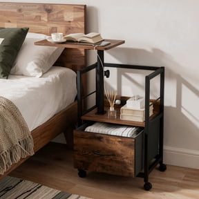 Keelian Height Adjustable Nightstand with Charging Station, Rotating Side Table for Recliner, Bedside Table with Open Shelf & Fabric Drawer, Locking Wheels, for Bedroom, Living Room,Rustic Brown
