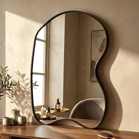 Fahomiss 20"x32" Curved Wall Mirror Irregular, Black Asymmetrical Mirror for Bathroom Vanity