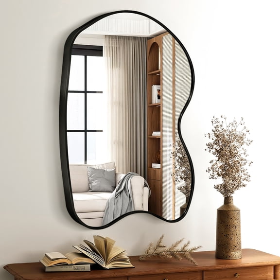 Fahomiss 20"x32" Irregular Wall Mirror for Bathroom Vanity, Black Asymmetrical Curved Decor, Solid Aluminum