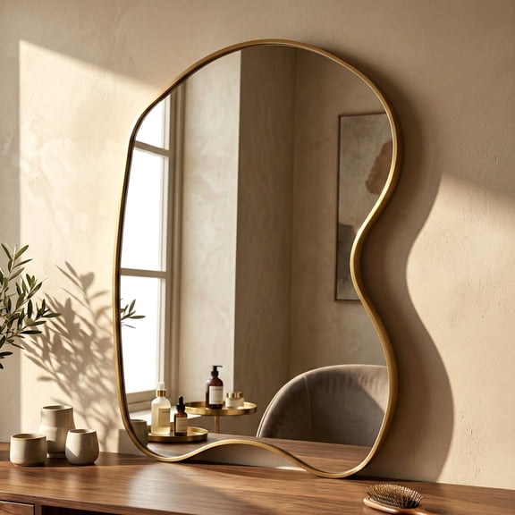 Fahomiss 20"x32" Gold Bathroom Wall Mirror, Irregular Curved Metal Framed Mirror