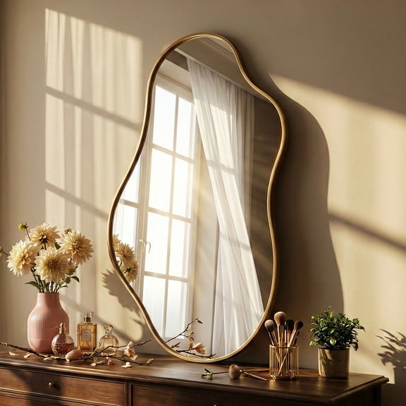 Fahomiss 20"x36" Irregular Wall Mirror, Gold Asymmetrical Teardrop Bathroom Mirror for Vanity