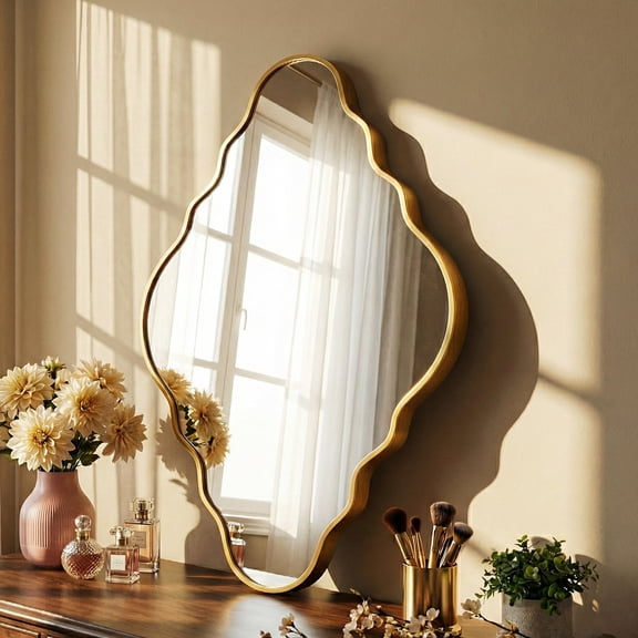 Fahomiss 20"x36" Gold Scalloped Wall Mirror, Vintage Diamond Bathroom Mirror for Vanity