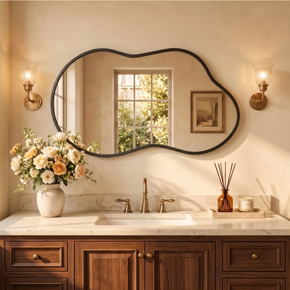 Fahomiss 20"x36" Irregular Wall Mirror, Cloud Shaped Black Asymmetrical Bathroom Vanity