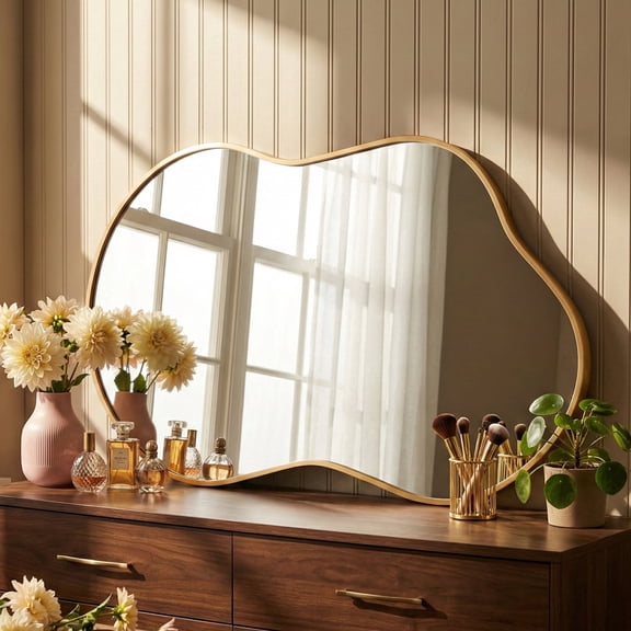 Fahomiss 20"x36" Irregular Wall Mirror, Cloud Shaped Gold Asymmetrical Bathroom Vanity