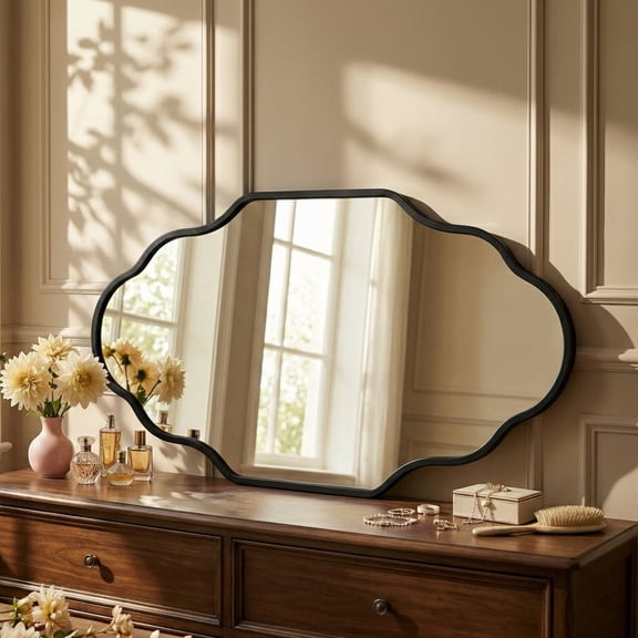 Fahomiss 20"x36" Scalloped Wall Mirror, Black Vintage Bathroom Vanity Decor