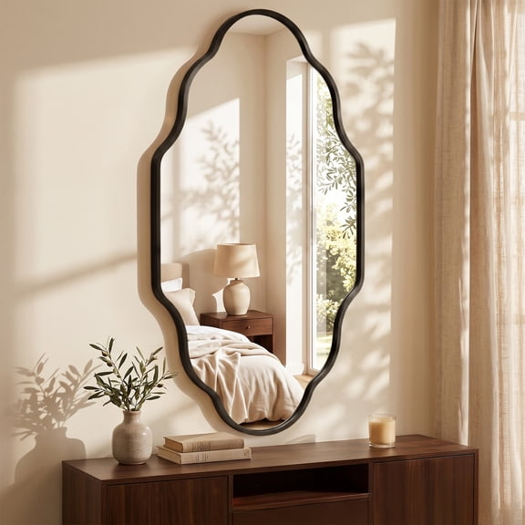 Fahomiss 20"x36" Scalloped Bathroom Wall Mirror, Decorative Wall‑Mounted Mirrors for Vanity Bedroom Living Room Decor,Black Frame