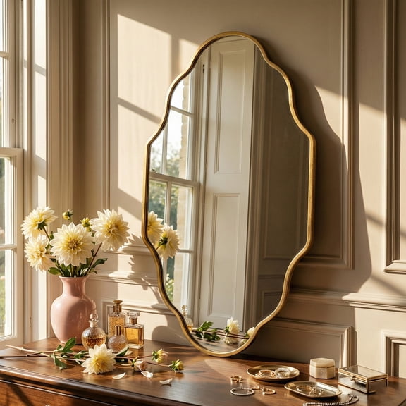 Fahomiss 20"x36" Scalloped Wall Mirror, Gold Antique Bathroom Vanity Decor