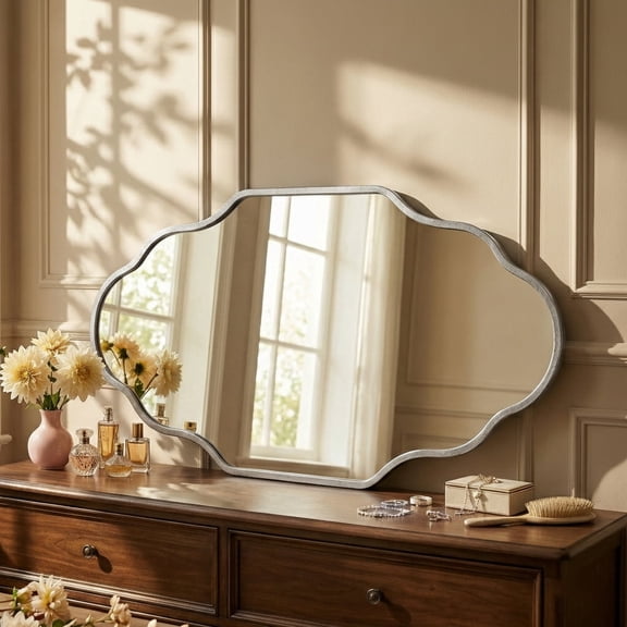 Fahomiss 20"x36" Scalloped Wall Mirror, Silver Modern Bathroom Vanity Decor