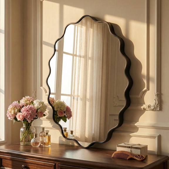 Fahomiss 22"x30" Wavy Oval Wall Mirror, Black Mirrors for Bathroom Vanity
