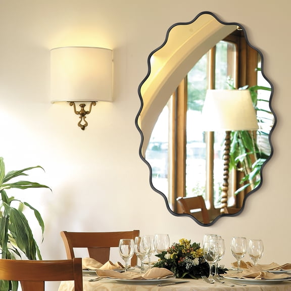 Fahomiss 22"x30" Black Bathroom Wall Mirror, Wavy Oval Decorative Framed Vanity Mirror