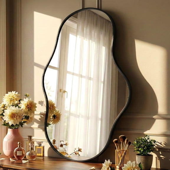 Fahomiss 22"x36" Irregular Wall Mirror, Black Asymmetrical Organic Vanity Decor, Solid Aluminum