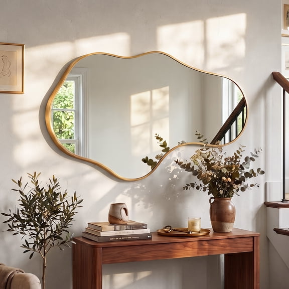 Fahomiss Irregular 22"x36" Wall Mirror, Asymmetrical Bathroom Mirrors Wall Decor Mirror Vanity Mirror for Bedroom and Living Room,Gold
