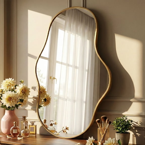 Fahomiss 22"x36" Irregular Wall Mirror, Gold Asymmetrical Organic Bathroom Mirror for Vanity