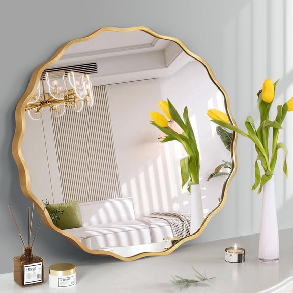 Fahomiss 24" Modern Mirrors Round Wall Mirror, Bathroom Wavy Wall Decor Mirror with Gold Metal Frame & Hanging Hooks, Wall Mounted Vanity Mirror for Bedroom, Living Room, Entryway