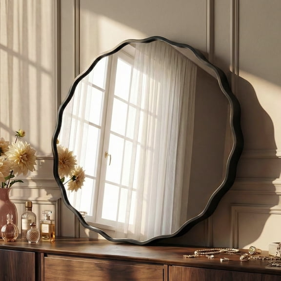 Fahomiss 24" Round Wavy Wall Mirror, Black Solid Aluminum Bathroom Vanity, Rust-Proof
