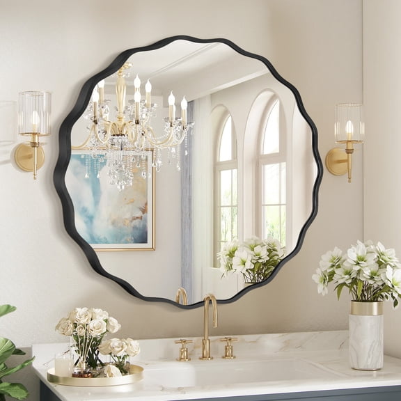 Fahomiss 24" Round Wave Mirror, Bathroom Mirrors Wall Mirror, Decorative Mirrors for Bedroom and Living Room Wall Decor,Black Frame