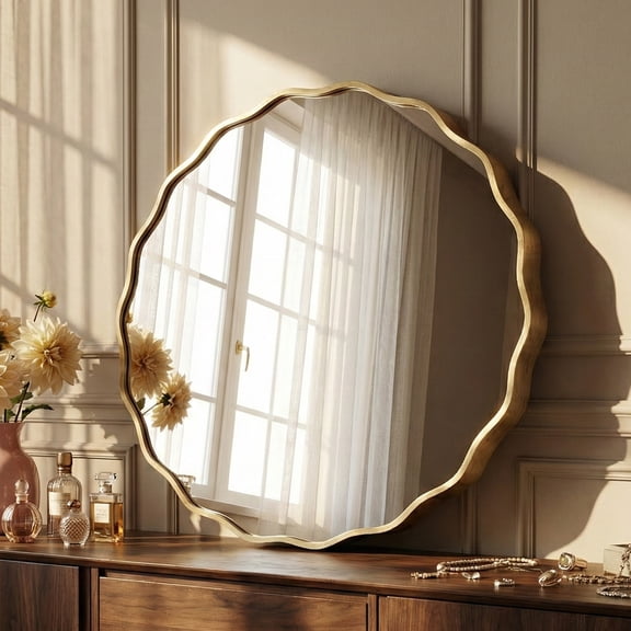 Fahomiss 24" Round Mirror, Gold Wall Mirror with Wavy Frame for Bathroom Vanity