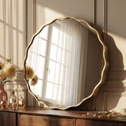 Fahomiss 24 Round Mirror, Gold Wall Mirror with Wavy Frame for Bathroom Vanity