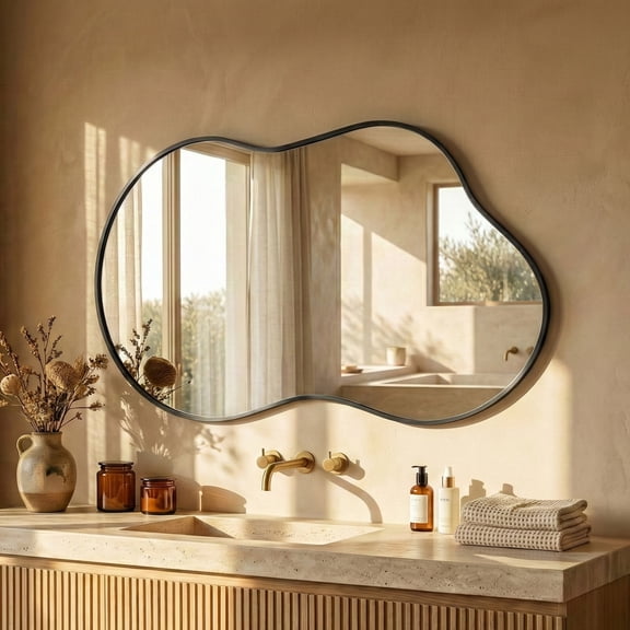 Fahomiss 24"x36" Irregular Wall Mirror, Cloud Shaped Black Asymmetrical Bathroom Vanity