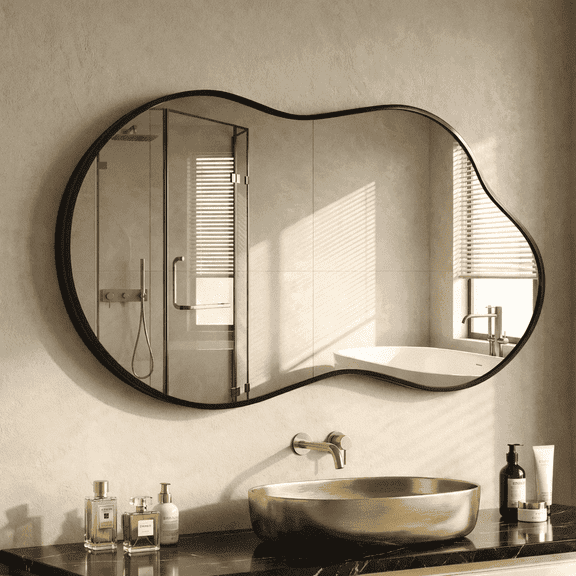 Fahomiss 24"x36" Irregular Wall Mirror, Cloud Shaped Black Asymmetrical Bathroom Vanity