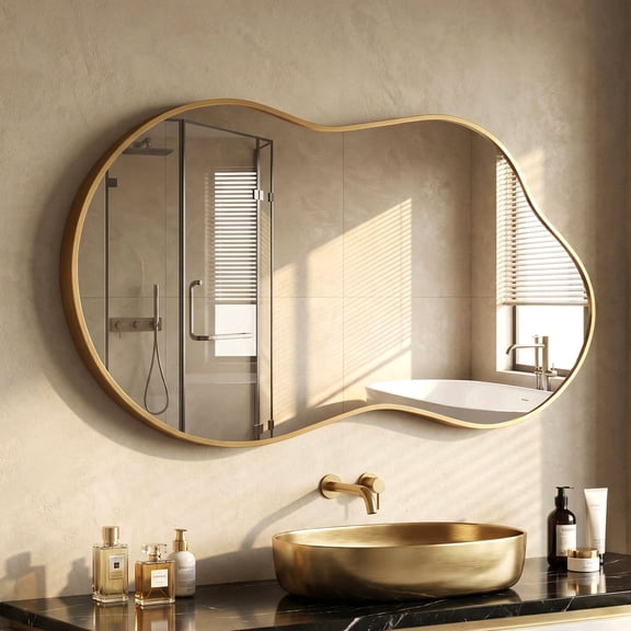Fahomiss 24"x36" Irregular Wall Mirror, Cloud Shaped Gold Asymmetrical Bathroom Vanity