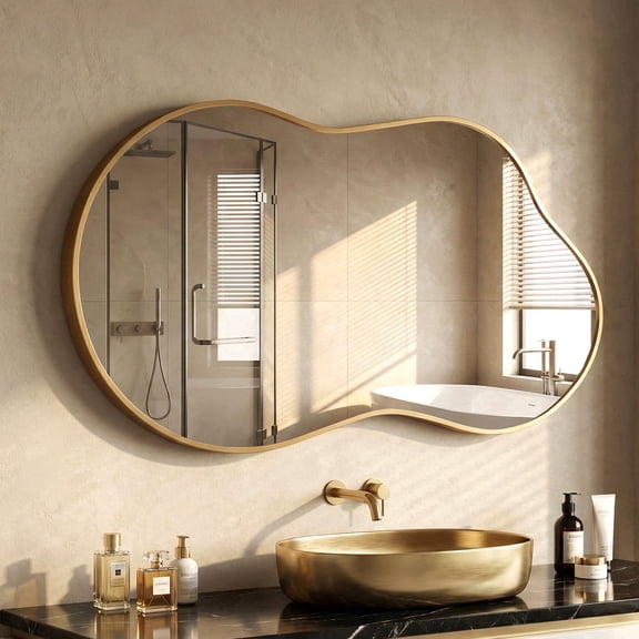 Fahomiss 24"x36" Irregular Wall Mirror, Cloud Shaped Gold Asymmetrical Bathroom Vanity