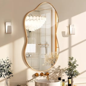 Fahomiss 24"x36" Irregular Wall Mirror, Cloud Shaped Gold Asymmetrical Bathroom Vanity